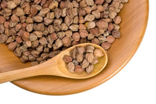 wooden plate with Garbonzo Beans, or Chick Peas on a white background with clipping paths