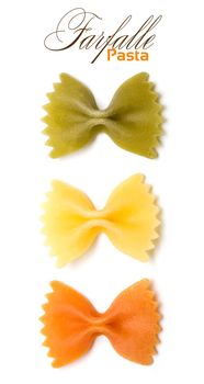 Farfalle pasta, isolated, three colors.