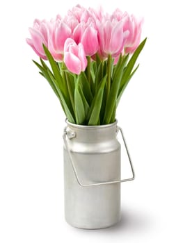 Pink tulips bouquet in vase isolated on white background