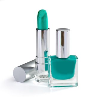 nail polish and lipstick emerald color isolated