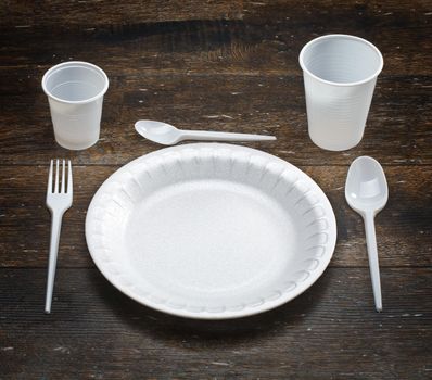 white disposable dishware set in a dark wood