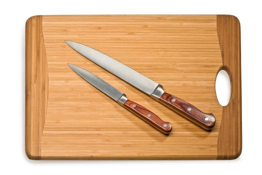 kitchen knife on a cutting board on white background