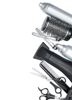 hairdresser scissors, combs and brush on white background