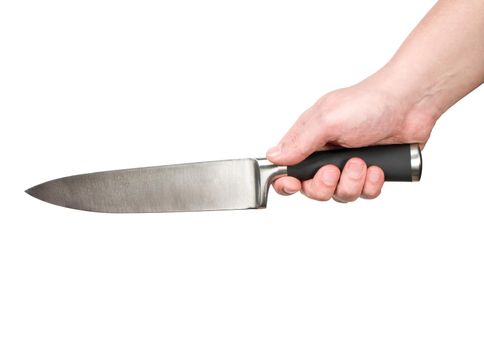 hand with a kitchen knife on a white background.clipping path