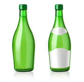 Set 2 bottles of wine with white labels isolated on white background.