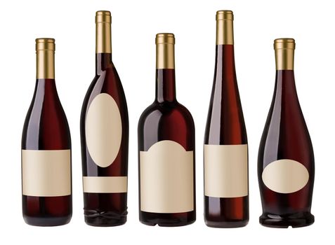  different shape red wine bottles with blank labels.