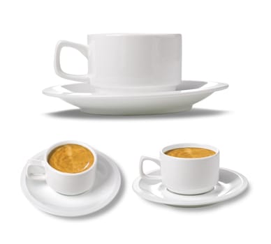 white cup of coffee in the three planes on a white background