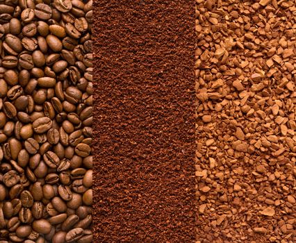 coffee beans, ground coffee and instant coffee background