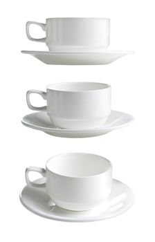 collection of various white coffee cups on white background. each one is shot separately