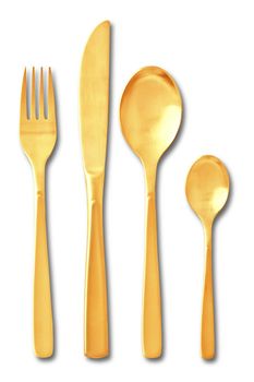  gold Cutlery set with Fork, Knife and Spoon on white background , keeping path