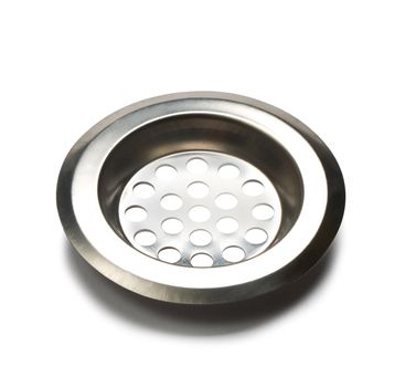 Stainless steel kitchen sink drain on white background