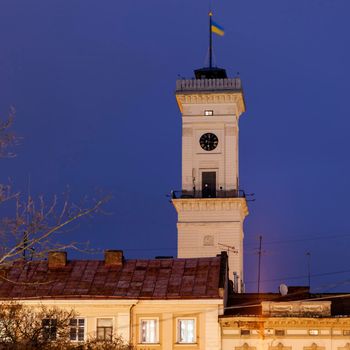 Lviv city hall at night. Lviv, Lviv Oblast, Ukraine.