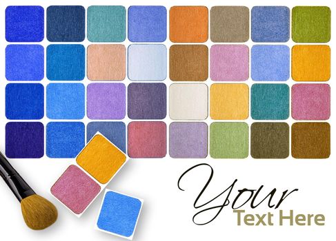 Palette of colorful eye shadows and brushes multicolour background
