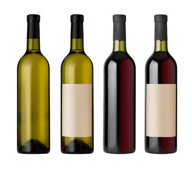 two  red and white wine bottles with blank labels, render.