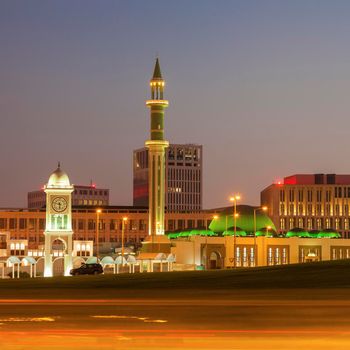 Grand Mosque and clock tower in Doha. Doha, Ad-Dawhah, Qatar.