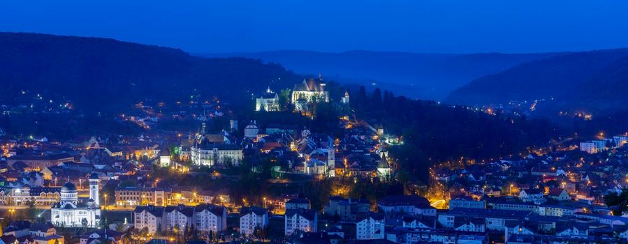 Aerial panorama of Sighisoara. Sighisoara, Mures County, Romania.