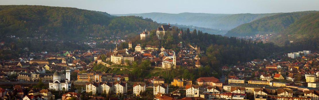 Aerial panorama of Sighisoara. Sighisoara, Mures County, Romania.