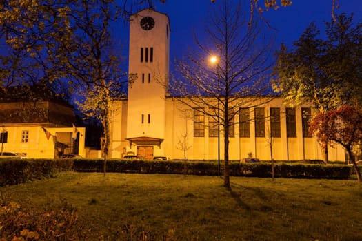 Hungarian Calvinist church in Brasov at night. Brasov, Brasov County, Romania.