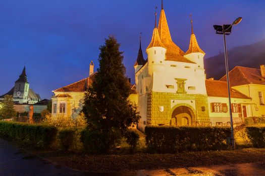 Catherine Gate and Black Church in Brasov. Brasov, Brasov County, Romania.