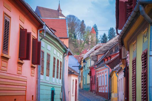 Colorful streets of Sighisoara. Sighisoara, Mures County, Romania.