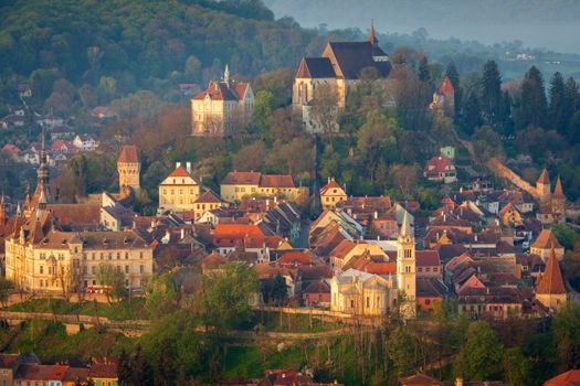 Aerial panorama of Sighisoara. Sighisoara, Mures County, Romania.