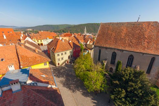 Old town of Sighisoara - aerial view. Sighisoara, Mures County, Romania.