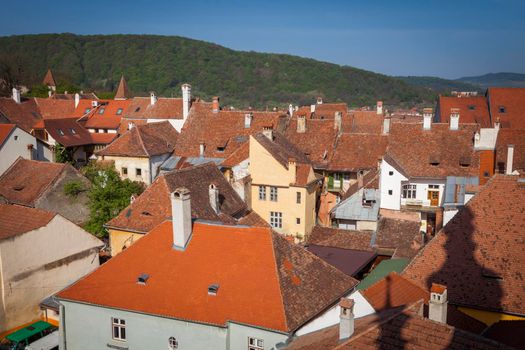 Old town of Sighisoara - aerial view. Sighisoara, Mures County, Romania.