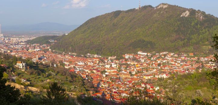 Architecture of Brasov - aerial panorama. Brasov, Brasov County, Romania.