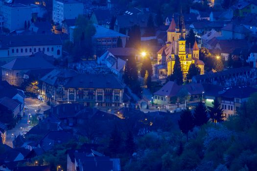 Aerial panorama of Brasov at dawn. Brasov, Brasov County, Romania.