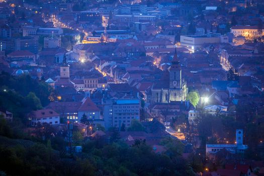 Aerial panorama of Brasov at dawn. Brasov, Brasov County, Romania.