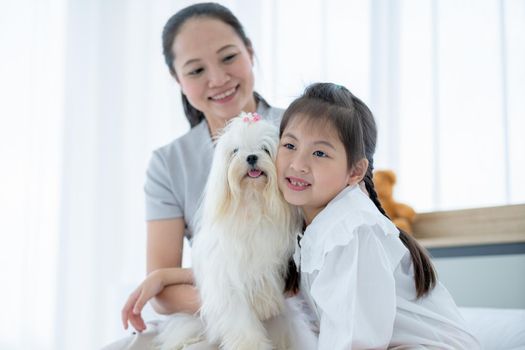 Close up little girl has fun with her dog and sit with mother on bed. Concept of Asian family with happiness to stay at home lifestyle during pandemic of disease.