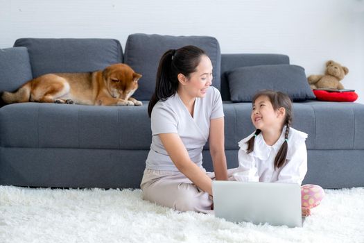 Asian woman and little girl enjoy together in living room by using laptop and sit on the floor while their shiba dog lie on sofa.
