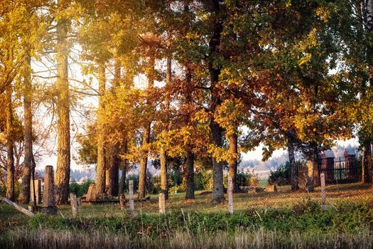 Old cemetery in autumn, fall and sunlight