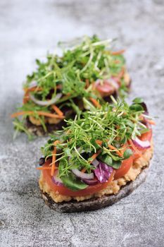 Sandwich toasted rustic bread with chickpea hummus, tomato slices, mix of lettuce and microgreens. Vegetarian breakfast.