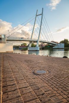 Pedestrian Bridge in Mikolajki. Mikolajki, Warmian-Masurian, Poland.