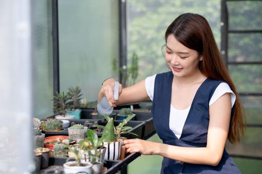 Beautiful Asian girl hold foggy bottle to spray water for plant in small pot and sit in green garden in her house. Sustainable with grow cactus and other plant concept.