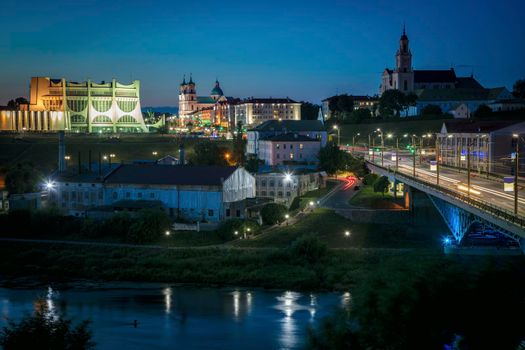 Panorama of Grodno at night. Grodno, Grodno Region, Belarus.