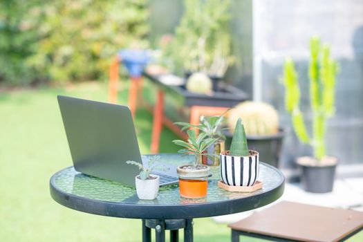 Table with tablet and plant pot including cactus as decorative for people will work in garden and it set in front of green house with sustainable business concept.