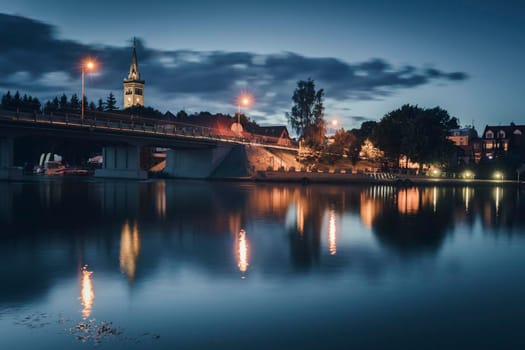 Panorama of Mikolajki at evening. Mikolajki, Warmian-Masurian, Poland.