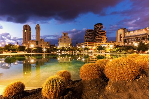 Santa Cruz de Tenerife skyline reflected. Santa Cruz de Tenerife, Tenerife, Canary Islands, Spain.