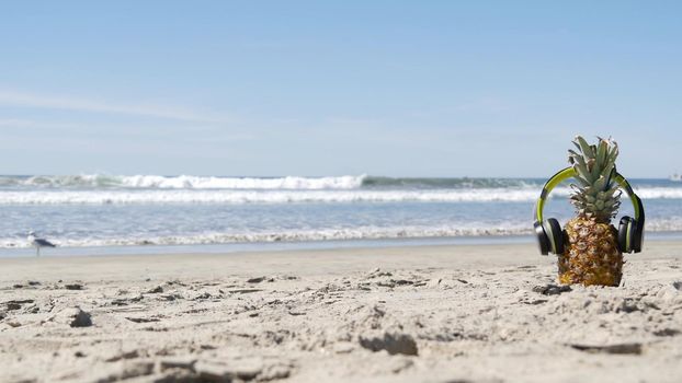Funny pineapple in headphones, sandy ocean beach, blue sea water waves, California pacific coast, USA. Tropical summer exotic fruit enjoying vacations and music in paradise. Ananas sunbathing on shore
