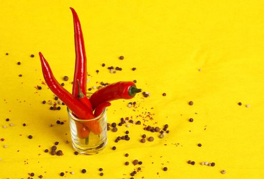 Red chili peppers on a yellow background. Place for the inscription. High quality photo