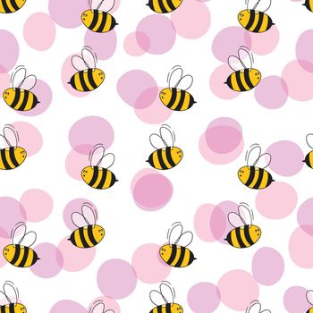 Seamless pattern with bees on white background. Small wasp. Vector illustration. Adorable cartoon character. Template design for invitation, cards, textile, fabric. Doodle style.