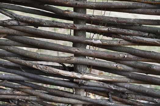 Background from a fragment of a wicker fence made of tree branches.