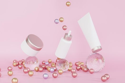 Mockup dropper bottle, lotion tube and cream jar for cosmetics products or advertising balancing on glass spheres, 3d illustration render