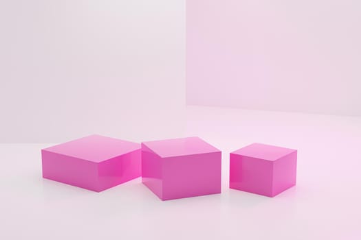 Pink square shaped podium or pedestal for products or advertising on white background, minimal 3d illustration render