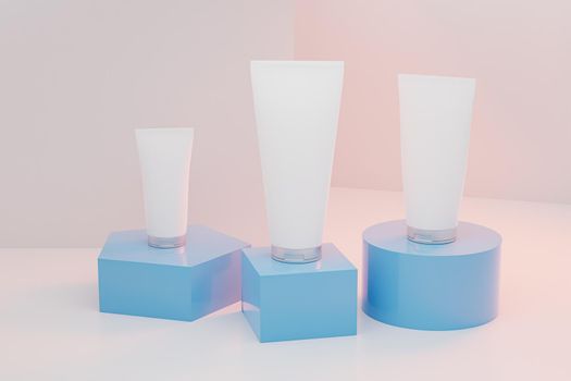 Mockup set of lotion tube bottles for cosmetics products or advertising on blue podiums, 3d illustration render