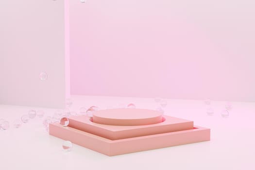 Beige stage podium or pedestal for products or advertising on pastel pink background, minimal 3d illustration render