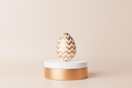 Easter egg decorated with gold on white podium, spring holidays card, 3d illustration render