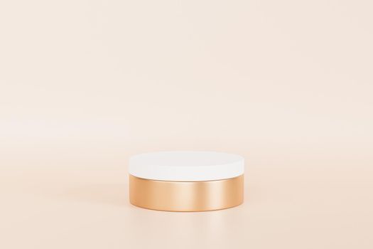 White and golden podium or pedestal for products or advertising on beige background, minimal 3d illustration render